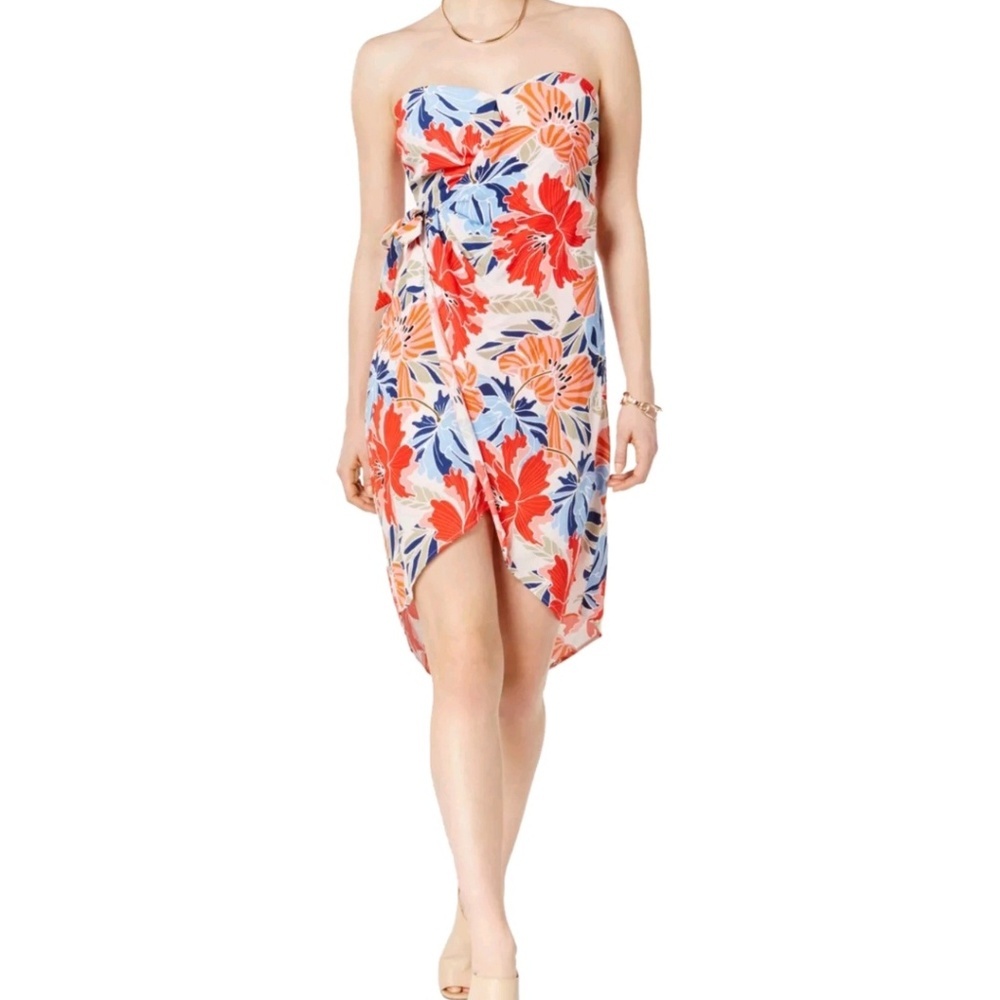 High low strapless floral wrap dress